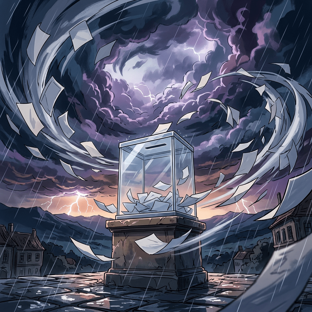 Transparent ballot box on a pedestal surrounded by swirling ballots and dark storm clouds with lightning