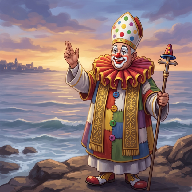 Clown in bishop attire with colorful robe and mitre holding a staff at seaside