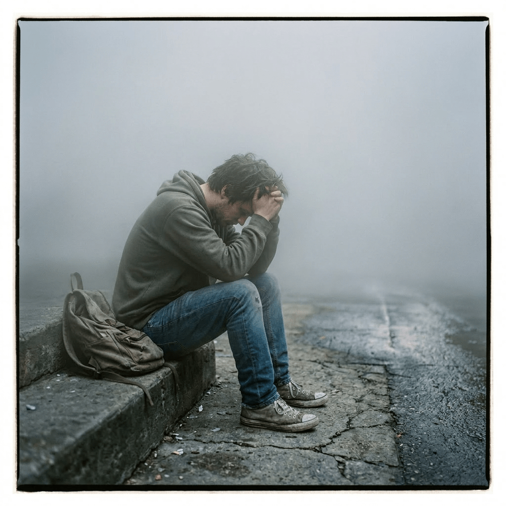 Young man sitting on curb in urban alley looking distressed with head in hands