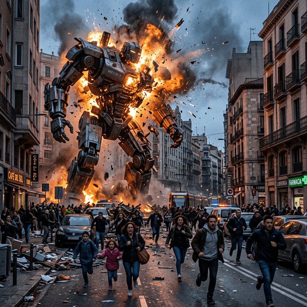 Giant robot exploding on city street with people running away and debris flying