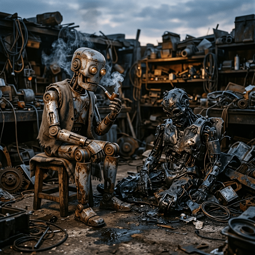 Rusty robot sitting on a stool smoking a pipe beside a broken robot in a workshop filled with mechanical parts.