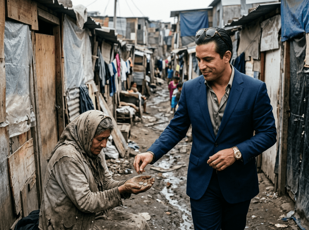 Man in blue suit giving coins to elderly woman in slum pathway