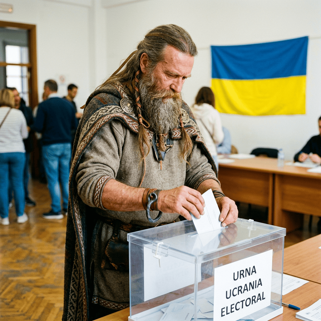 Man placing ballot in box labeled "URNA UCRANIA ELECTORAL"